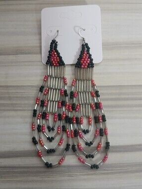 Handmade Seed Bead Black Coral Red Iridescent Clear Looped Dangle Earrings
